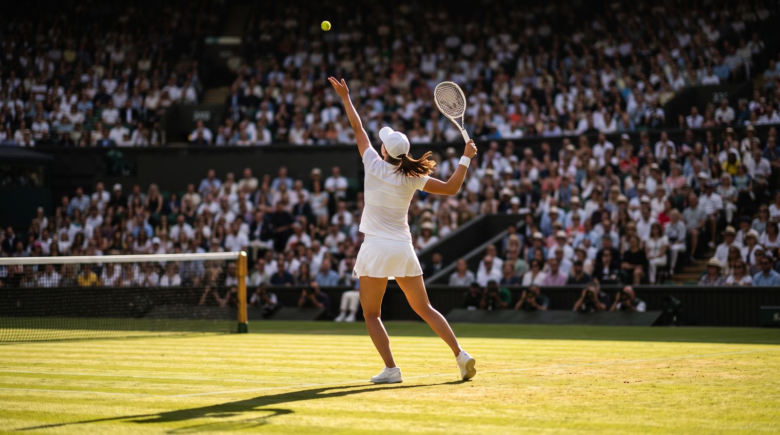 A tennis player in white mid-serve on a sunlit grass show court under long shadows