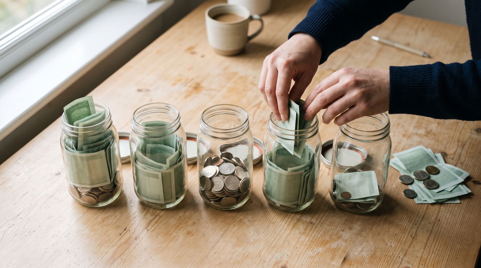 Hands sorting plain banknotes into a row of glass jars on a desk