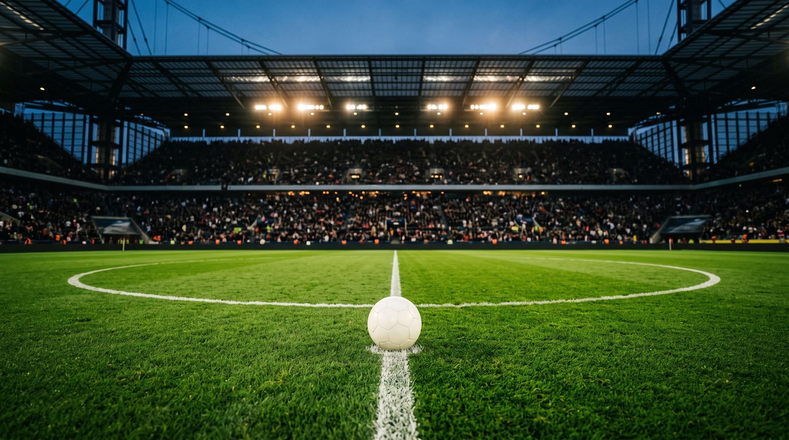A single soccer ball on the center circle of a floodlit stadium pitch at dusk, packed stands blurred behind.
