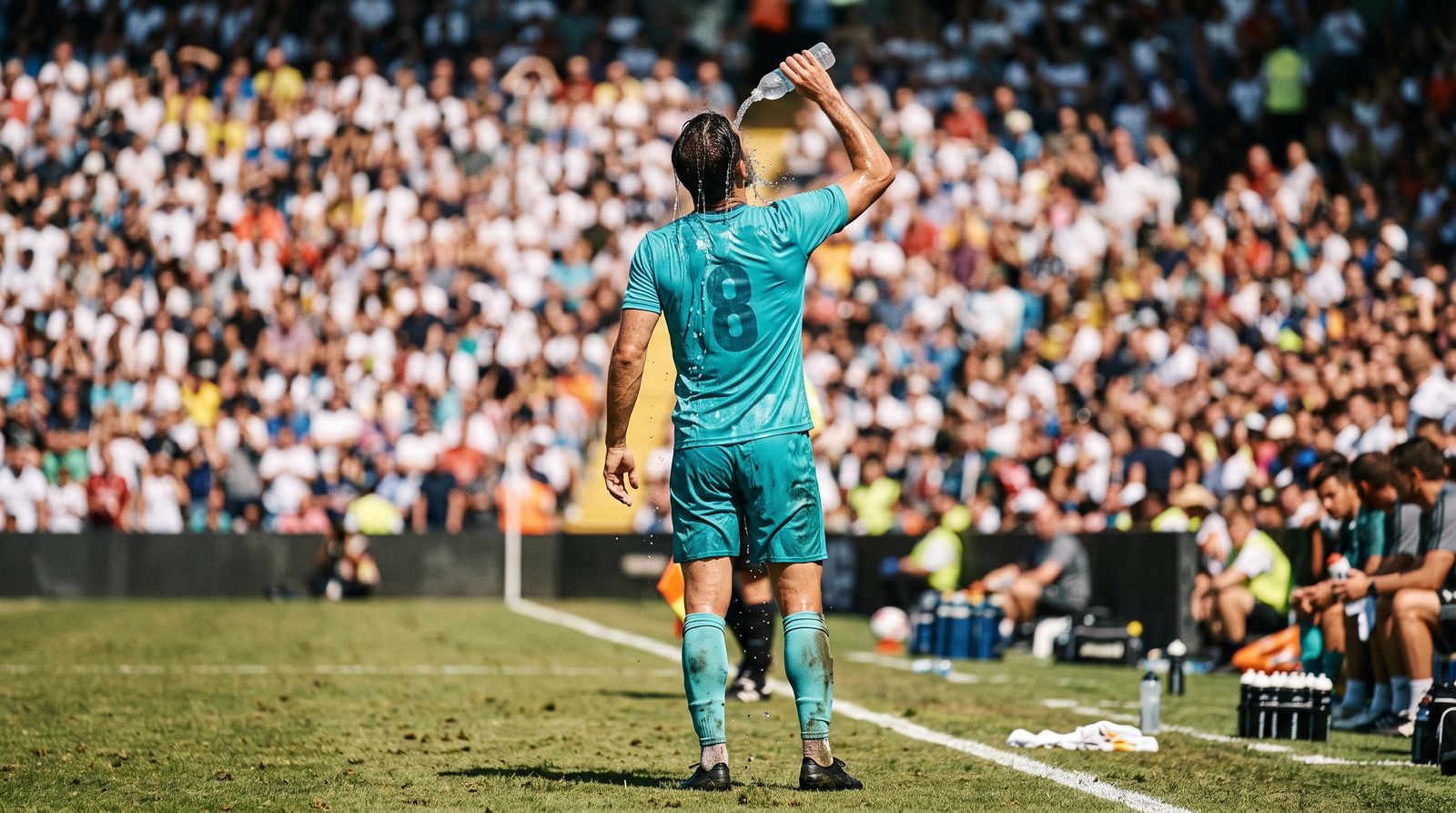 Soccer player pours water over his head during a hydration break in a scorching stadium