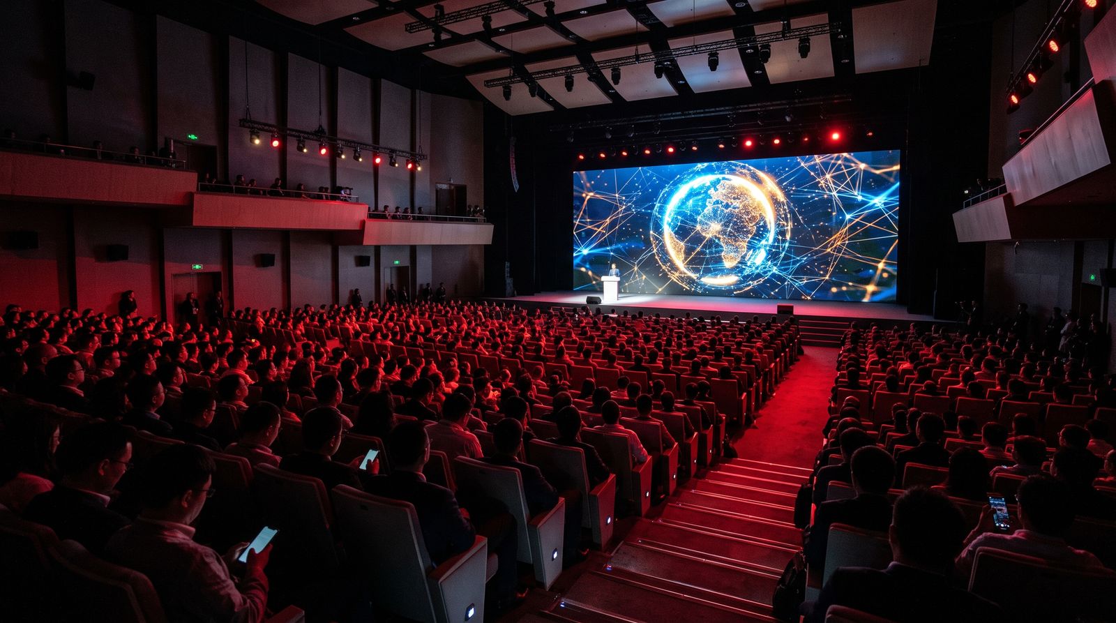 Delegates at a global AI conference face a glowing globe backdrop on a red-lit stage
