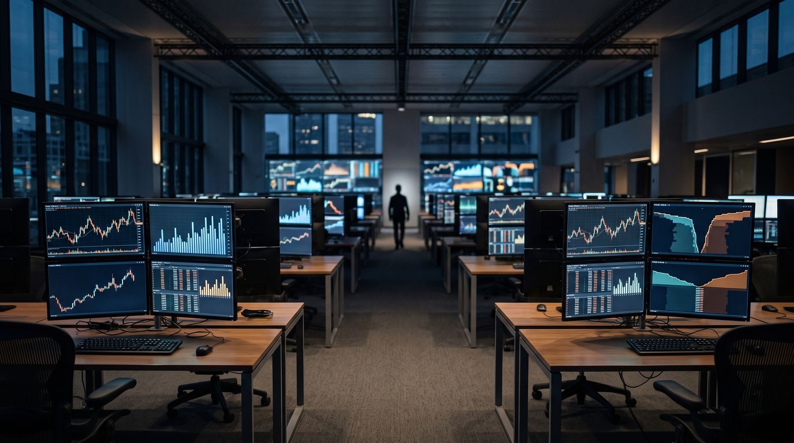 An institutional trading floor at dusk with glowing monitor arrays