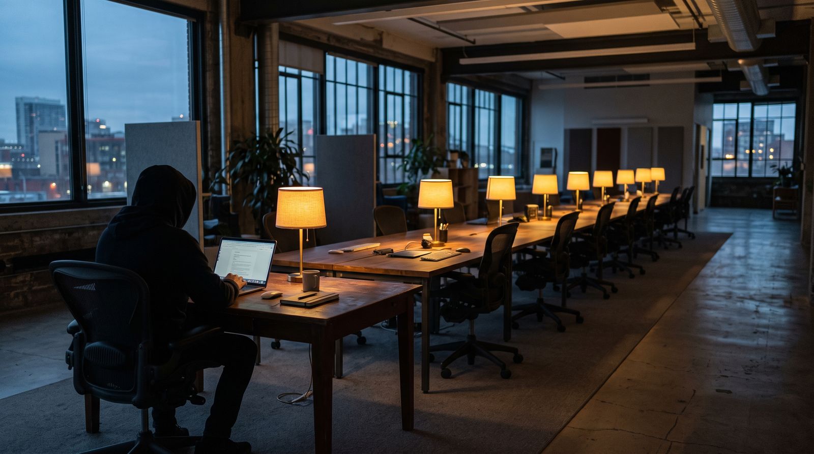 A lone worker at a desk beside a long row of empty desks, each lit by its own lamp